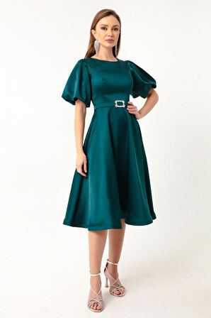 Kadın Petrol Balon Kollu Taşlı Kemerli Mini Saten Abiye Elbise