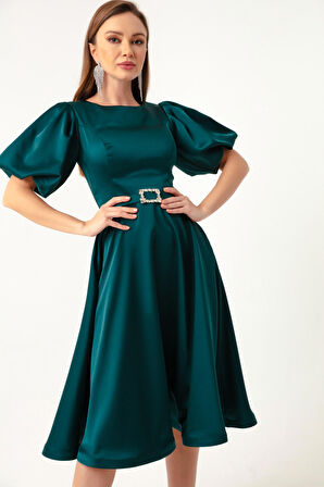 Kadın Petrol Balon Kollu Taşlı Kemerli Mini Saten Abiye Elbise