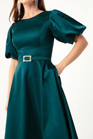 Kadın Petrol Balon Kollu Taşlı Kemerli Mini Saten Abiye Elbise