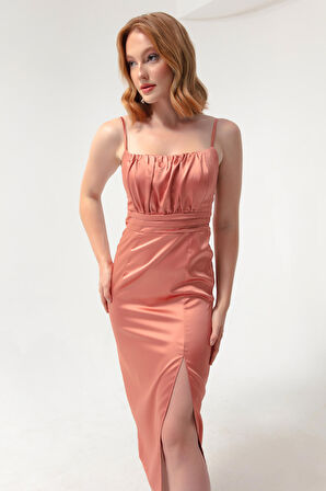 Kadın Somon İnce Askılı Yırtmaçlı Midi Saten Abiye Elbise