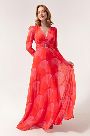 Kadın Turuncu V Yaka Taşlı Kemerli Uzun Elbise