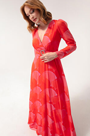 Kadın Turuncu V Yaka Taşlı Kemerli Uzun Elbise