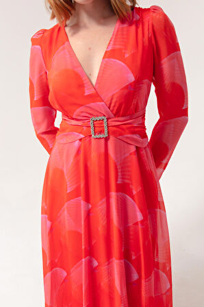 Kadın Turuncu V Yaka Taşlı Kemerli Uzun Elbise