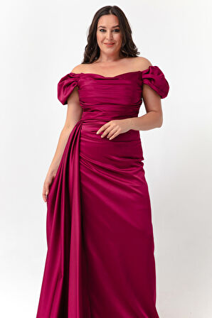 Kadın Mürdüm Kayık Yaka Kuyruklu Uzun Saten Abiye & Mezuniyet Elbisesi