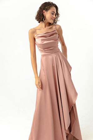 Kadın Pembe Volanlı Yırtmaçlı Saten Abiye & Mezuniyet Elbisesi