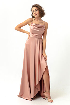 Kadın Pembe Volanlı Yırtmaçlı Saten Abiye & Mezuniyet Elbisesi