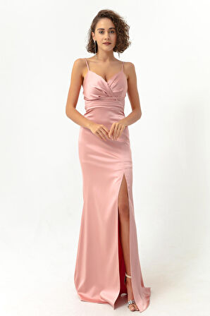 Kadın Pudra Askılı Yırtmaçlı Uzun Saten Abiye & Mezuniyet Elbisesi