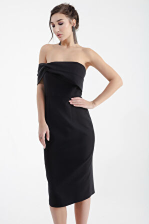 Kadın Siyah Çift Bandajlı Tek Omuz Midi Abiye Elbise