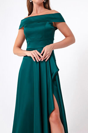 Kadın Petrol Kayık Yaka Saten Abiye & Mezuniyet Elbisesi