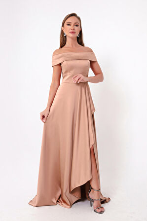 Kadın Pudra Kayık Yaka Saten Abiye & Mezuniyet Elbisesi