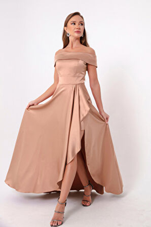 Kadın Pudra Kayık Yaka Saten Abiye & Mezuniyet Elbisesi