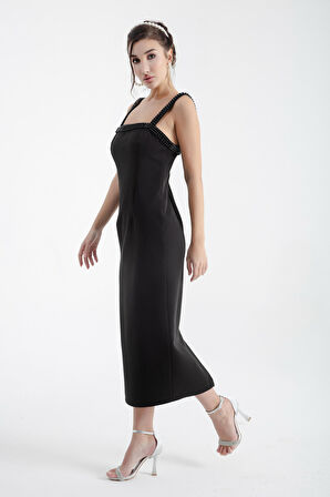 Kadın Siyah İncili Midi Abiye Elbise