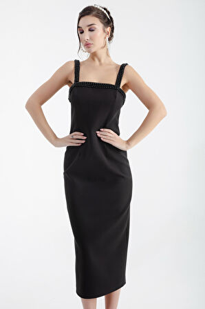 Kadın Siyah İncili Midi Abiye Elbise