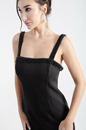 Kadın Siyah İncili Midi Abiye Elbise