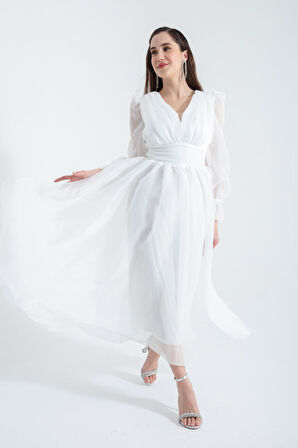 Kadın Beyaz Balon Kol V Yaka Midi Abiye Elbise