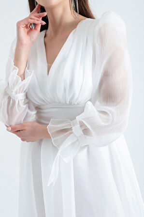 Kadın Beyaz Balon Kol V Yaka Midi Abiye Elbise