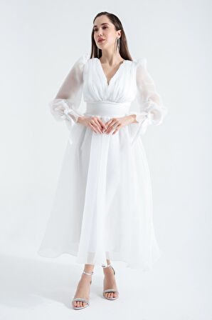 Kadın Beyaz Balon Kol V Yaka Midi Abiye Elbise