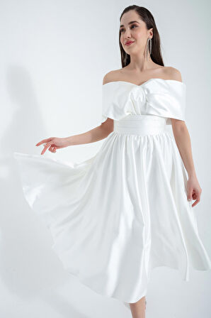 Kadın Beyaz Kayık Yaka Kloş Midi Saten Abiye Elbise