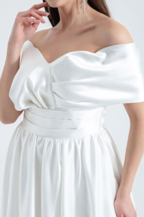 Kadın Beyaz Kayık Yaka Kloş Midi Saten Abiye Elbise