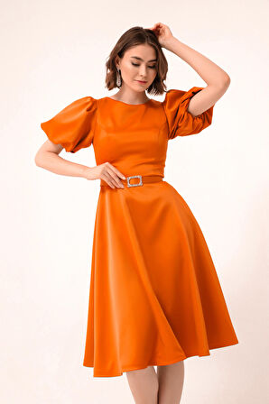 Kadın Turuncu Balon Kollu Taşlı Kemerli Mini Saten Abiye Elbise