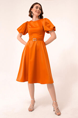 Kadın Turuncu Balon Kollu Taşlı Kemerli Mini Saten Abiye Elbise