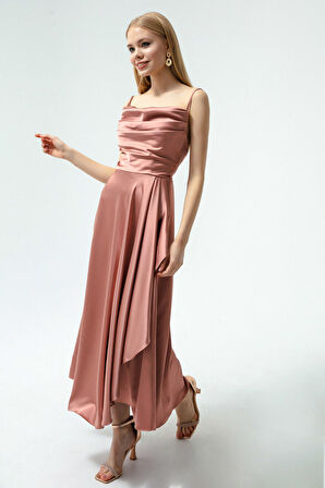 Kadın Pembe Volanlı Yırtmaçlı Saten Midi Boy Abiye & Mezuniyet Elbisesi