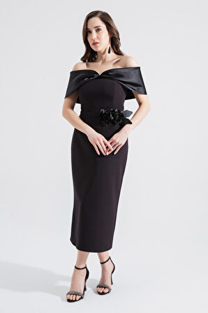 Kadın Siyah Kayık Yaka Fiyonklu Midi Abiye Elbise