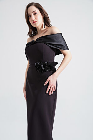 Kadın Siyah Kayık Yaka Fiyonklu Midi Abiye Elbise