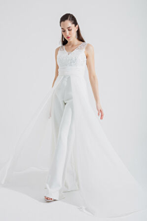 Kadın Beyaz Şifon Abiye Tulum