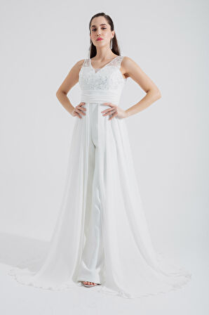 Kadın Beyaz Şifon Abiye Tulum