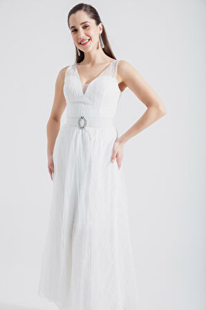 Kadın Beyaz V Yaka Simli Midi Abiye Elbise