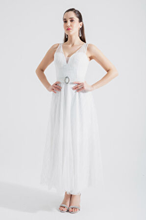 Kadın Beyaz V Yaka Simli Midi Abiye Elbise