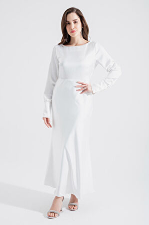 Kadın Beyaz Sırt Dekolteli Midi Saten Abiye Elbise