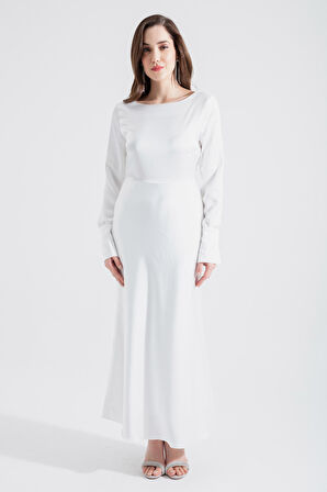 Kadın Beyaz Sırt Dekolteli Midi Saten Abiye Elbise