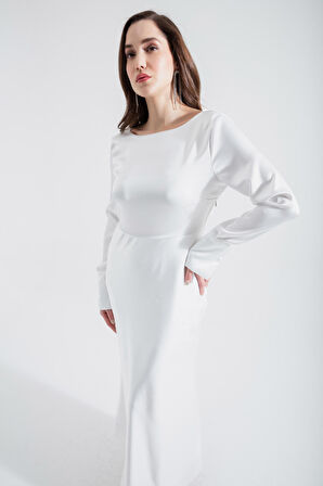 Kadın Beyaz Sırt Dekolteli Midi Saten Abiye Elbise