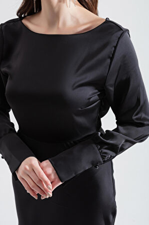 Kadın Siyah Sırt Dekolteli Midi Saten Abiye Elbise