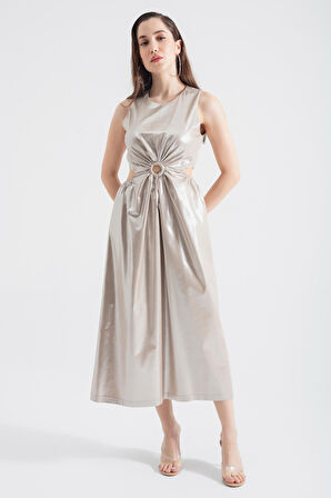 Kadın Bej Bel Dekolteli Parlak Kumaş Dokulu Midi Elbise