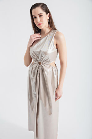 Kadın Bej Bel Dekolteli Parlak Kumaş Dokulu Midi Elbise