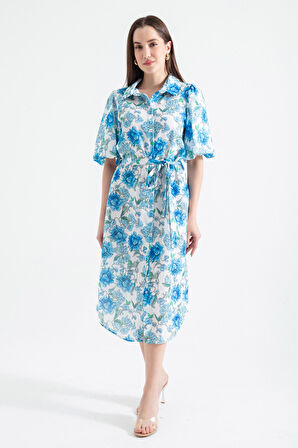 Kadın Mavi Balon Kollu Desenli Midi Elbise