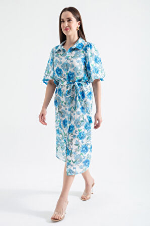 Kadın Mavi Balon Kollu Desenli Midi Elbise