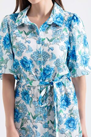 Kadın Mavi Balon Kollu Desenli Midi Elbise