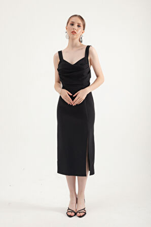 Kadın Siyah Askılı Drapeli Midi Elbise