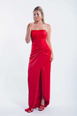 Kadın Kırmızı Kruvaze Astarlı Dokuma Korse Detaylı Saten Uzun Abiye Elbise