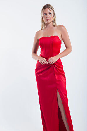 Kadın Kırmızı Kruvaze Astarlı Dokuma Korse Detaylı Saten Uzun Abiye Elbise