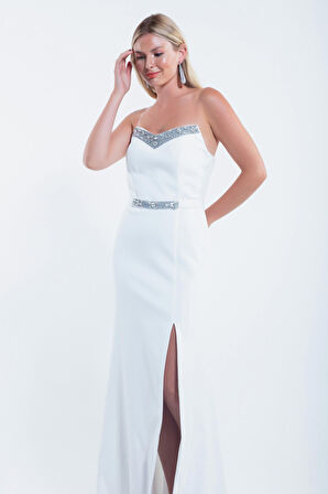 Kadın Beyaz Yakası Taşlı Uzun Abiye Elbise