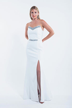 Kadın Beyaz Yakası Taşlı Uzun Abiye Elbise