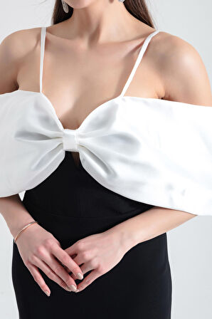 Kadın Siyah Göğsü Fiyonklu İp Askılı Uzun Abiye Elbise