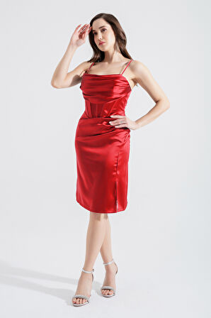 Kadın Kırmızı Mini Saten Abiye Elbise