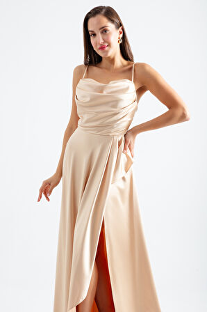 Kadın Gold Volanlı Yırtmaçlı Saten Abiye & Mezuniyet Elbisesi