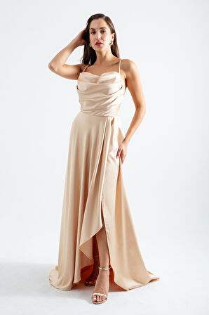 Kadın Gold Volanlı Yırtmaçlı Saten Abiye & Mezuniyet Elbisesi